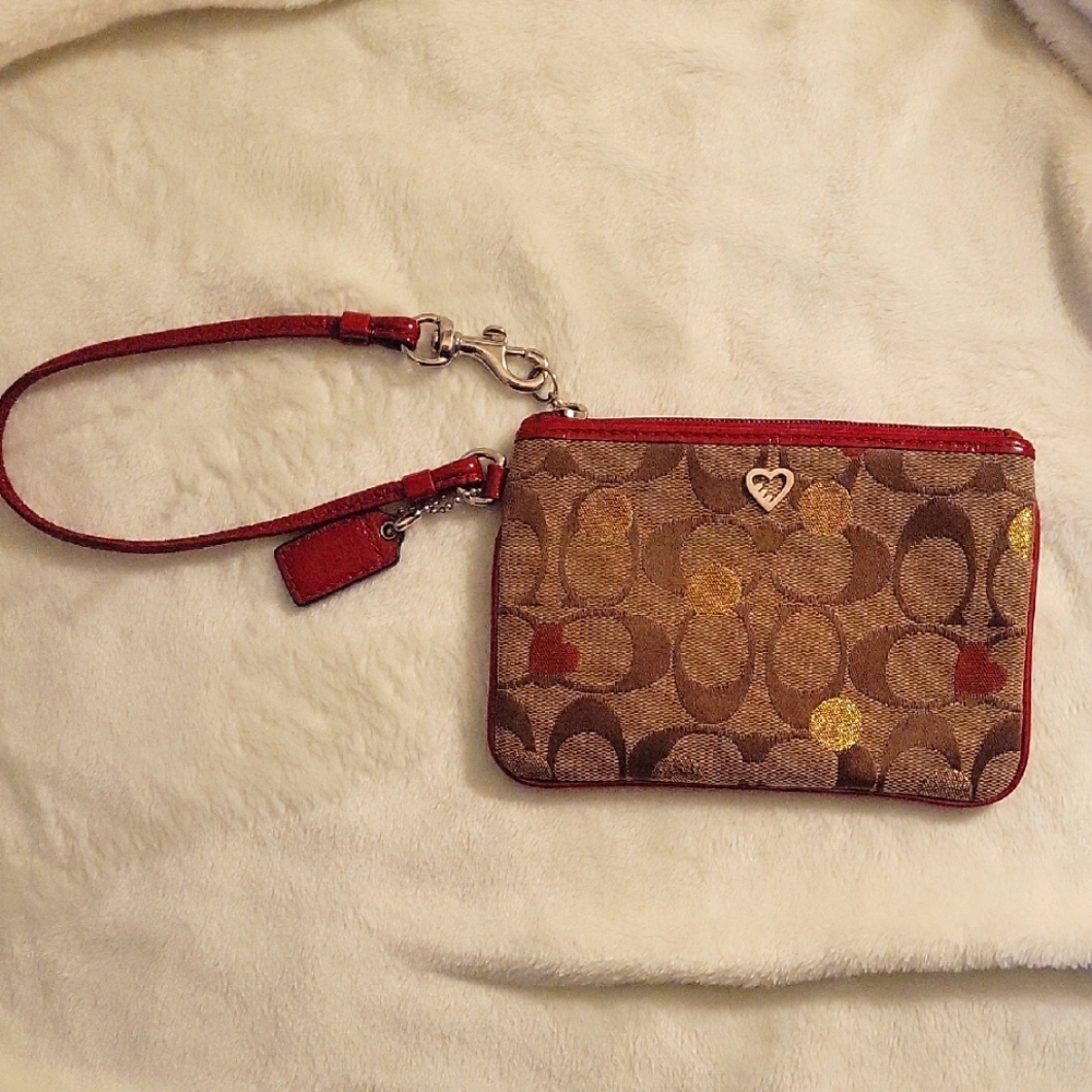 Coach Signature Wristlet in Red and Brown